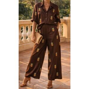 VTG Silkland Womens Embroidered Pineapple Top & Pants Medium Brown 1970s Resort